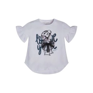 Тениска в бяло с асимтерична кройка и воали на ръкавите Guess