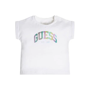 Тениска с къс ръкав в бяло за момиче с голям цветен надпис Guess