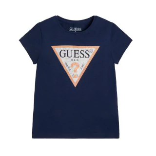 Тъмно синя блуза с къс ръкав за момиче с триъгълно лого Guess