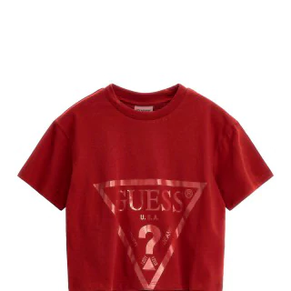 Къса тениска за момиче в червено с голямо лого Guess