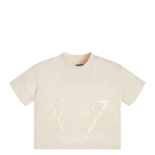 Къса тениска за момиче в бледо розово с голямо лого Guess
