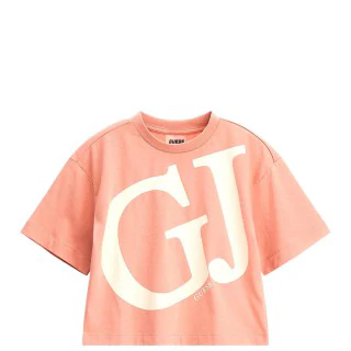 Къса тениска за момиче в розово с големи контрастни букви Guess