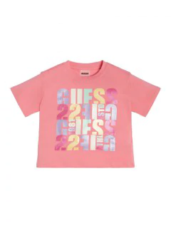 Розова тениска с къс ръкав с многоцветни надписи за момиче Guess