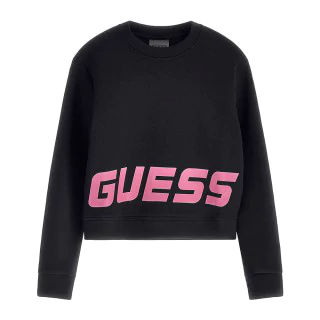 Спортна блуза с дълъг ръкав за момиче в черно с голям розов надпис Guess