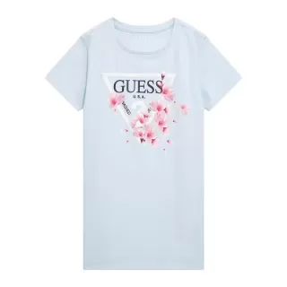Светло синя тениска с къс ръкав с цветя и бяло лого Guess