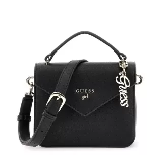Малка кожена чанта в черно със златисто лого Guess