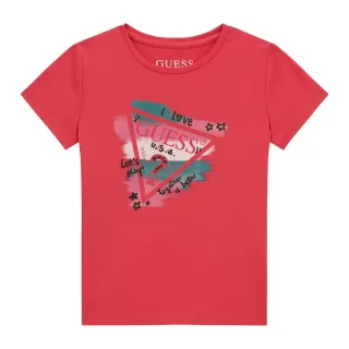 Коралова тениска с къс ръкав с цветна щампа отпред за момиче Guess