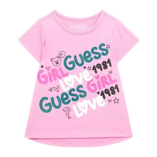 Розова тениска с къс ръкав с цветни надписи отпред за момиче Guess
