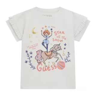 Тениска в мръсно бяло с цветна щампа и надписи Guess