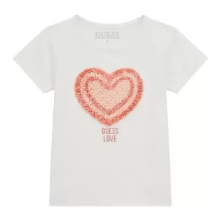 Тениска в бяло за момиче с текстилно сърце и надпис Guess