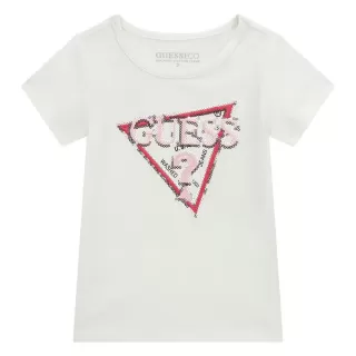 Тениска с къс ръкав в бяло за момиче с лого с пайети Guess