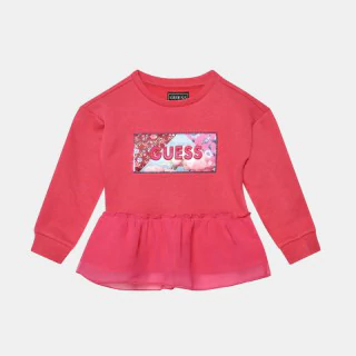 Плътна блуза с тюл и бродиран надпис за момиче в розово Guess