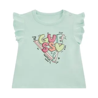 Бледо зелета тениска с къдрички за бебе момиче с цветни букви Guess