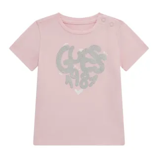 Бледо розова тениска за бебе момиче със сребрист надпис Guess