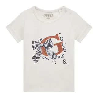 Бяла тениска за бебе момиче с блестящо G, надписи и детайли Guess