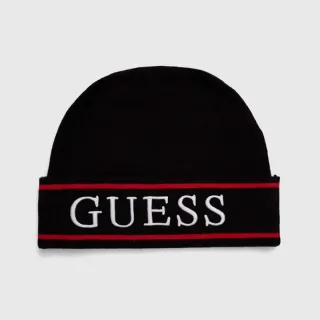 Шапка в черно от фино плетиво с бял надпис и червени ивици за момче Guess