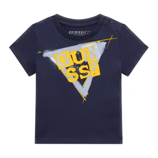 Тениска с къс ръкав в синьо за бебе момче с надпис Guess в оранжево и синьо