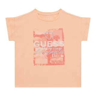 Тениска с къс ръкав в прасковен цвят за момиче Guess с детайли и надписи
