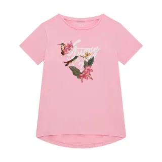 Розова тениска с асиметрична кройка за момиче с флорални мотиви и надпис Guess с глитери