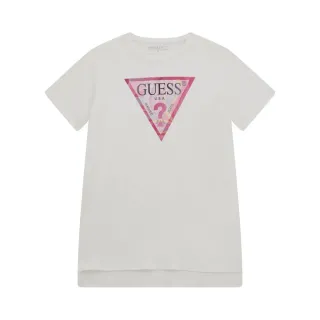 Дълга тениска с асиметрична кройка в бяло за момиче с цветно лого Guess