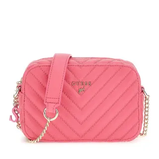 Малка кожена чанта в цикламено с верижна дръжка и висящи цветни букви Guess