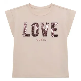 Розова тениска за момиче с надпис LOVE от пайети Guess 
