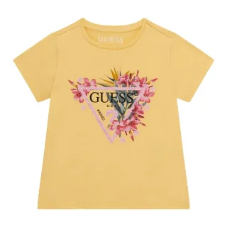 Тениска в жълто за мини момиче с цветя и розово лого Guess с глитери