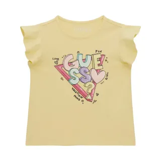 Жълта тениска с къдрички за мини момиче с цветни букви Guess