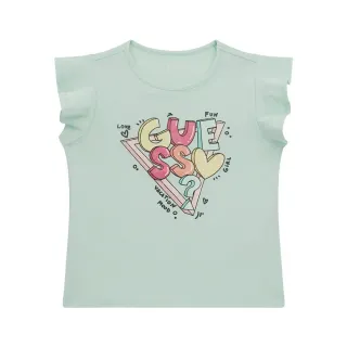 Бледо зелена тениска с къдрички за мини момиче с цветни букви Guess