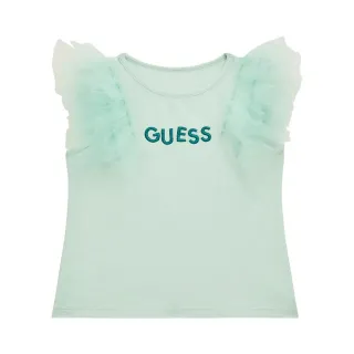 Бледо зелен потник с тюлени презрамки и бродиран надпис Guess за мини момиче
