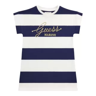 Спортна рокля в синьо и бяло райе със златист надпис за мини момиче Guess
