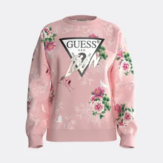 Розова блуза с ластици, с цветя и голямо лого на марката Guess Icon за мини момиче