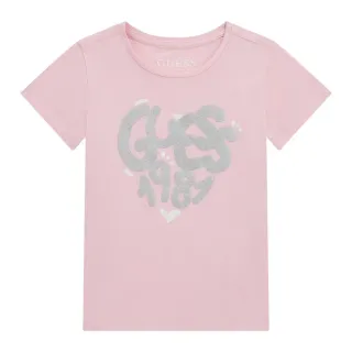 Тениска в розов цвят с къс ръкав за мини момиче със сребрист надпис Guess