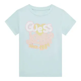 Бледо зелена тениска за мини момиче с цветен надпис Guess Love 