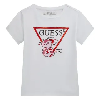 Бяла тениска за мини момиче с червено лого и цветна апликация Guess
