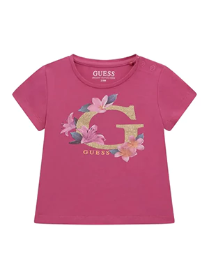 Цикламена тениска за бебе момиче със златисто G и цветя Guess