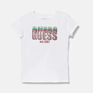 Бяла тениска за мини момиче с многоцветен надпис Guess с пайети