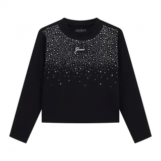 Черна блуза с дълъг ръкав за момиче с камъни и кристали Guess