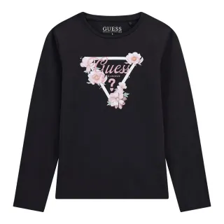 Черна блуза за момиче с контрастно лого и цветя Guess