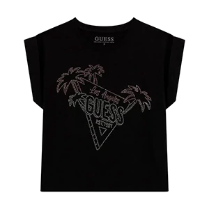 Черна тениска за момиче с цветни кристали и камъни, с палми и надпис Guess