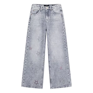 Широк сив деним панталон за момиче със звезди от кристали Guess