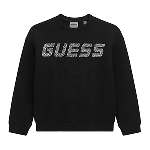 Плътна спортна блуза в черно за момиче с надпис Guess с камъни