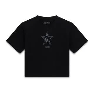 Къса черна тениска за момиче със звезда и надпис Guess