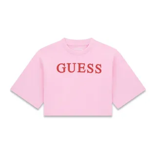 Къса розова тениска за момиче с червен бродиран надпис Guess