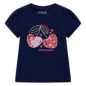 Нежна тениска в тъмно синьо за мини момиче с текстилни детайли Guess