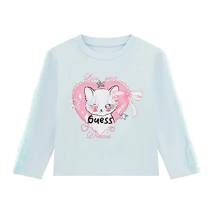 Нежна блуза с дълъг ръкав за мини момиче със сладко коте и пайети Guess