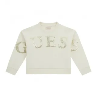 Плътна блуза за мини момиче в бял цвят с надпис Guess от златисти пайети