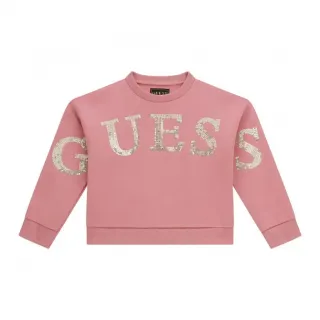 Плътна блуза за мини момиче в розов цвят с надпис Guess от златисти пайети
