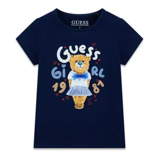Тъмно синя тениска за мини момиче с цветни надписи с глитери и мече Guess