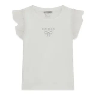 Бяла тениска за мини момиче с шифонени ръкави и малък надпис Guess